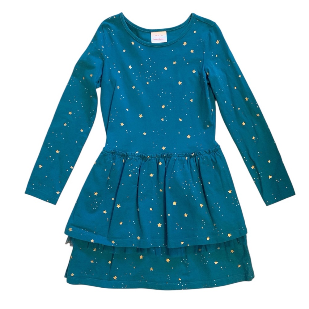 Hanna Andersson Teal Blue Dress Gold Stars and Tiered Skirt with Tulle size 8